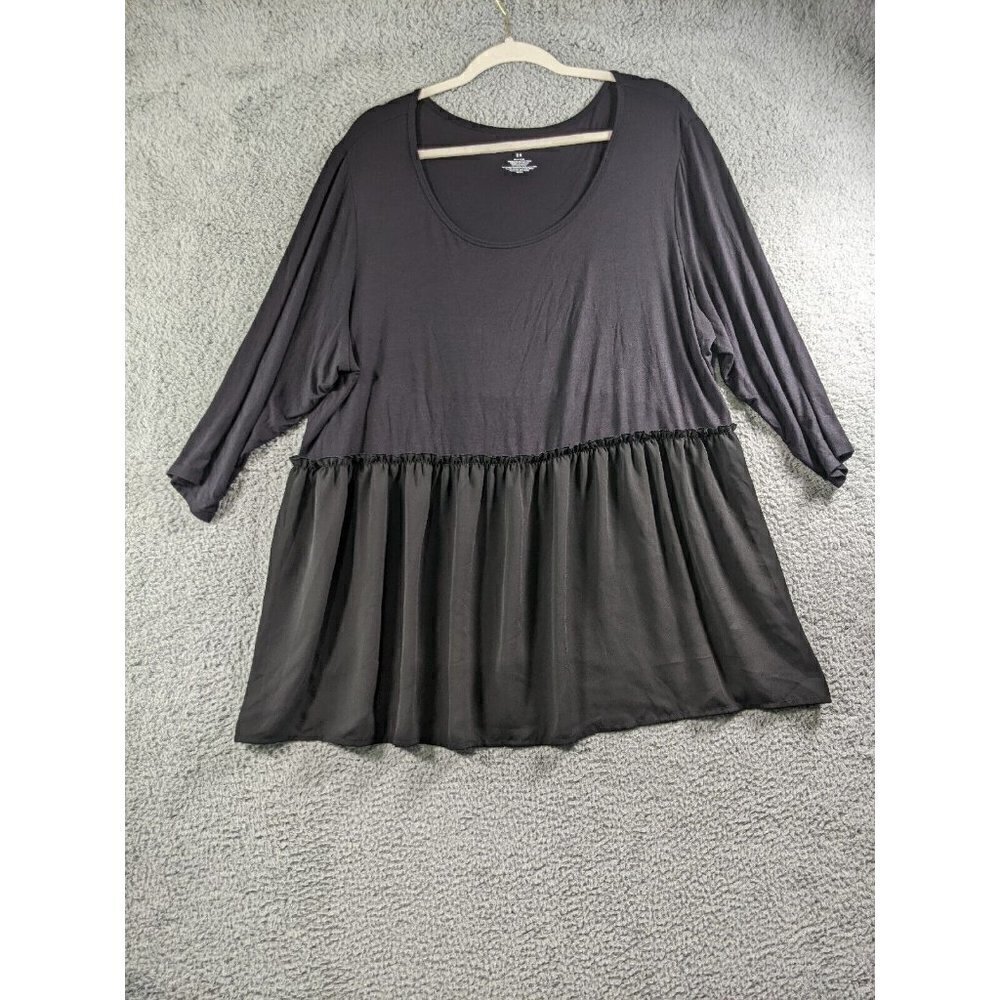 Evri Top Size 2X Rayon Stretch Poly Ruffle Blouse Peplum 3/4 Sleeve Black